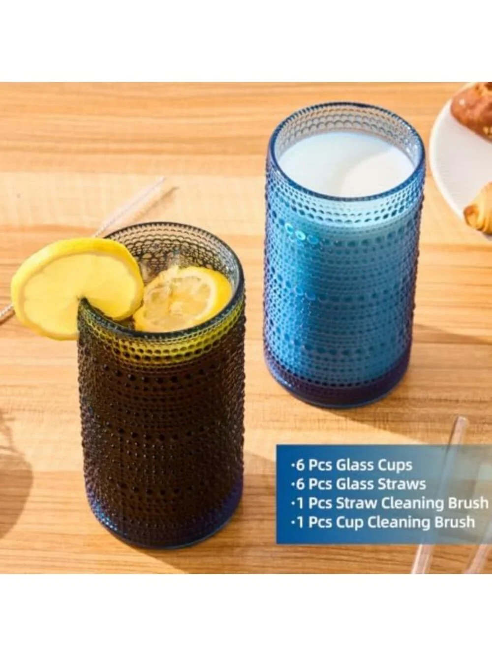 Set of 6 Blue Hobnail Tumblers - 16oz Vintage Drinking Glasses for Home Bar